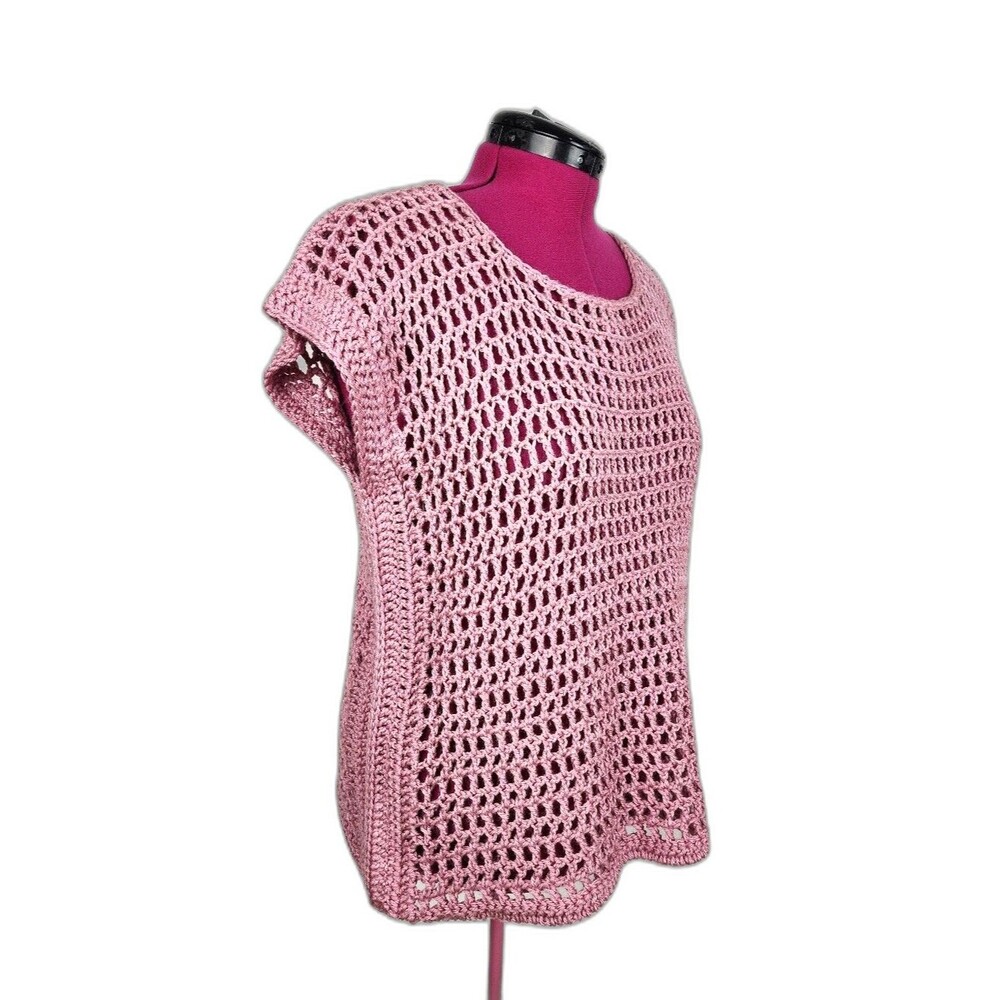 New Crochet Pink Top Handmade Open-stitch Sleeveless Sweater Short Sleeve